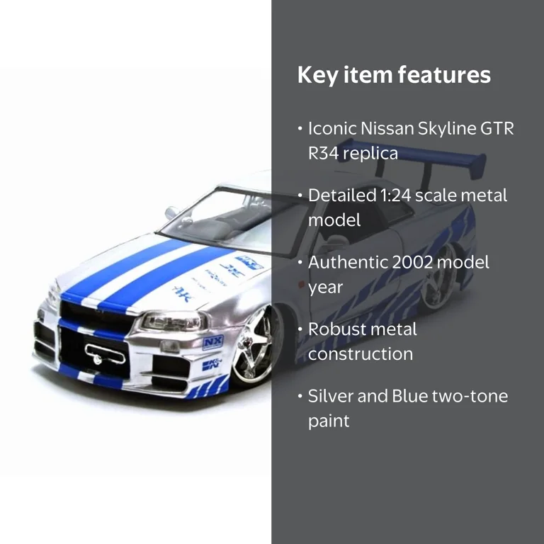 Jada Toys, Nissan Skyline GTR R34, 1/24 scale, Silver - Walmart.com