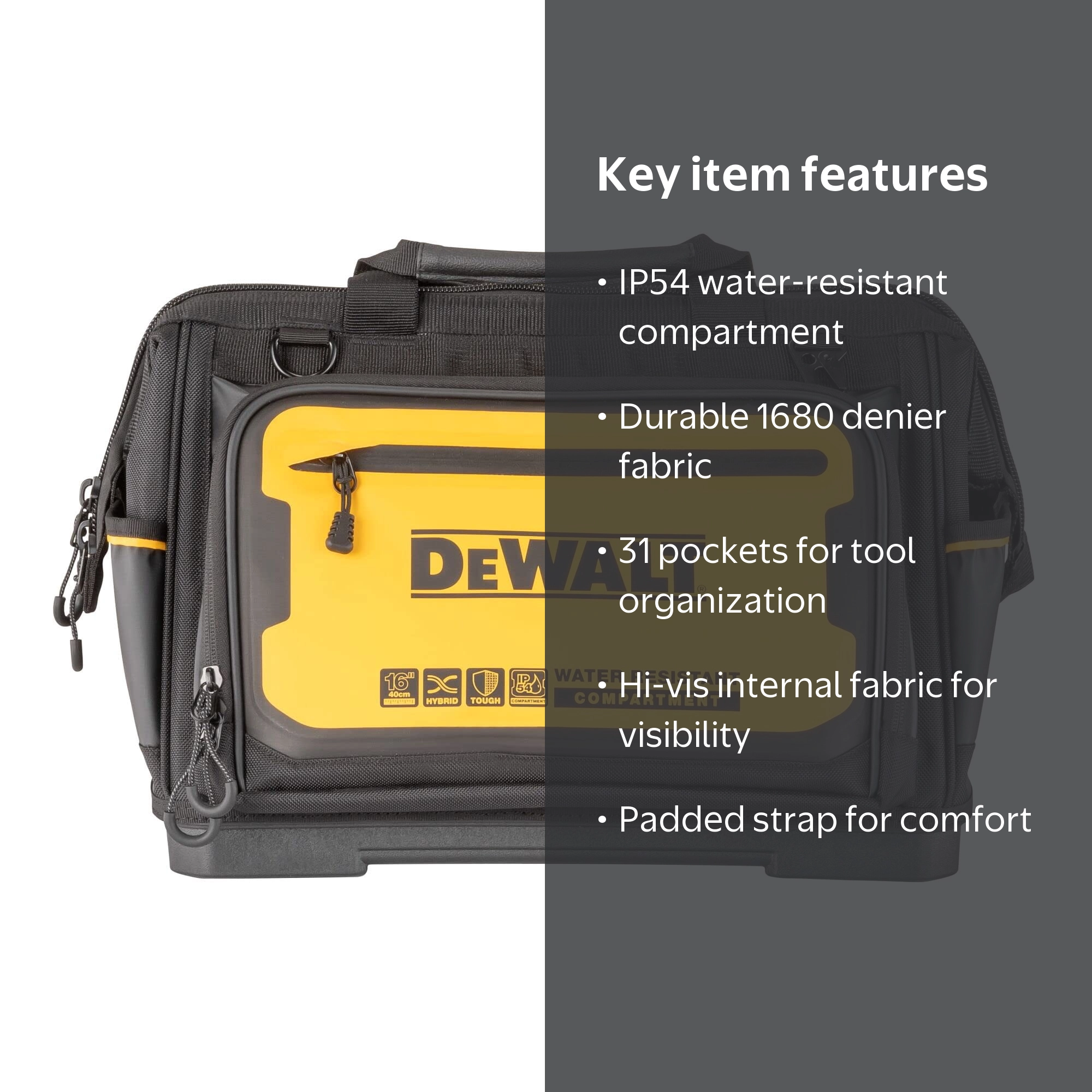 DEWALT Tool Bag, Water Resistant, Hard Bottom, 16-inch