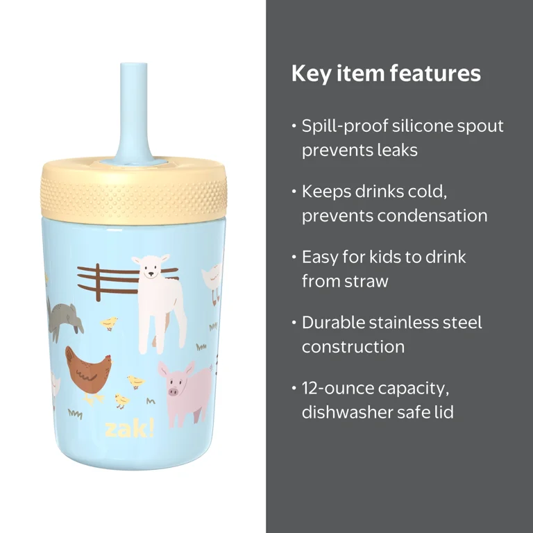 Zak Designs 9.5oz Farm Animals Kids Straw Tumbler, Stainless Steel