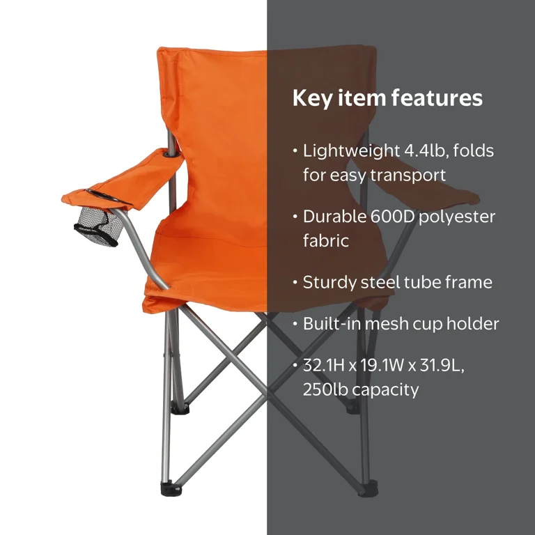 Ozark Trail Quad Folding Camp Chair with Cup Holder, Bright Orange