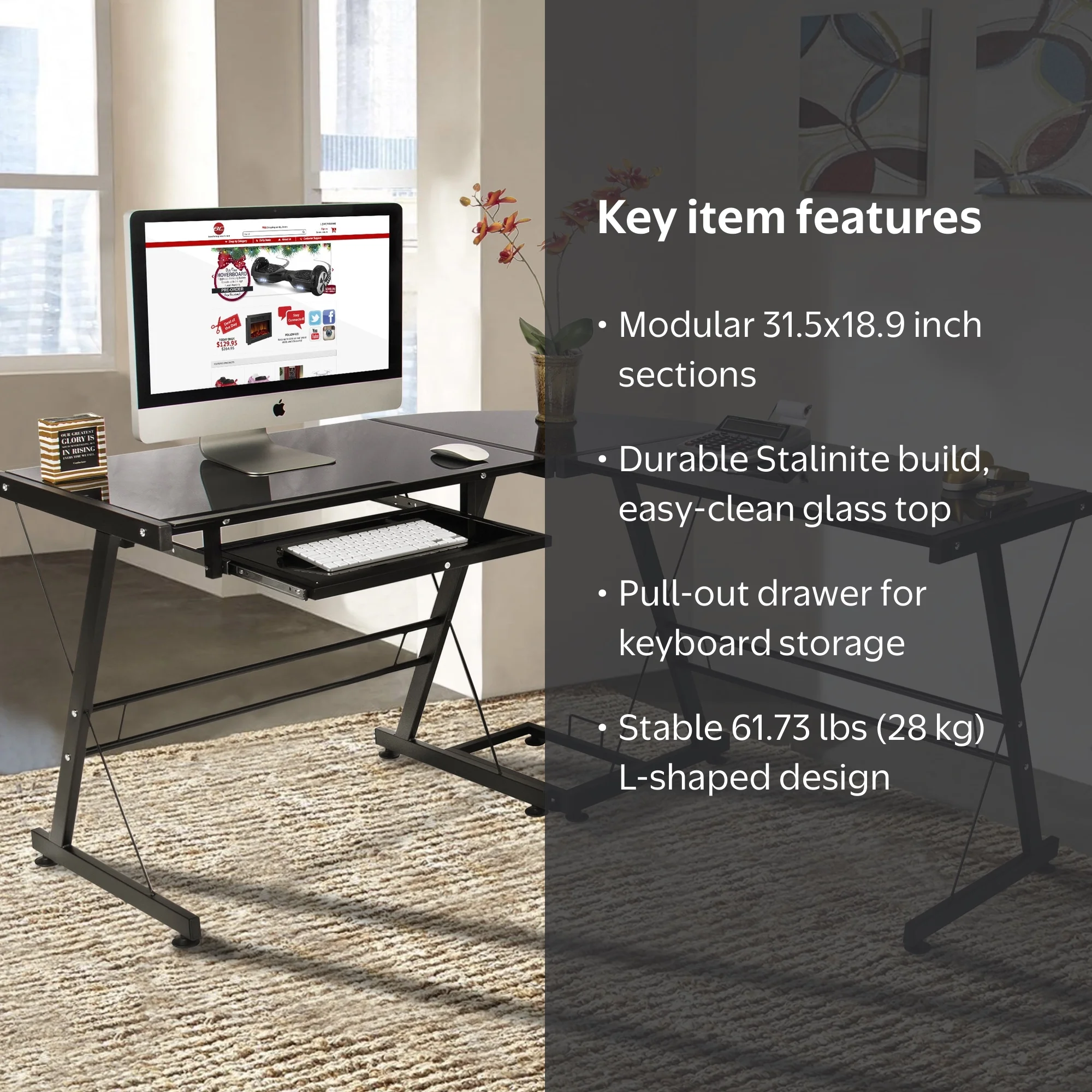 Ktaxon L-Shaped Corner Computer Desk, Black Glass PC Table