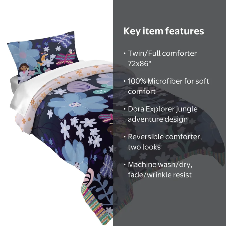 アメキャラ　DORA シーツセット Dora Kids 2 Piece Blue Pink Floral Reversible Comforter and