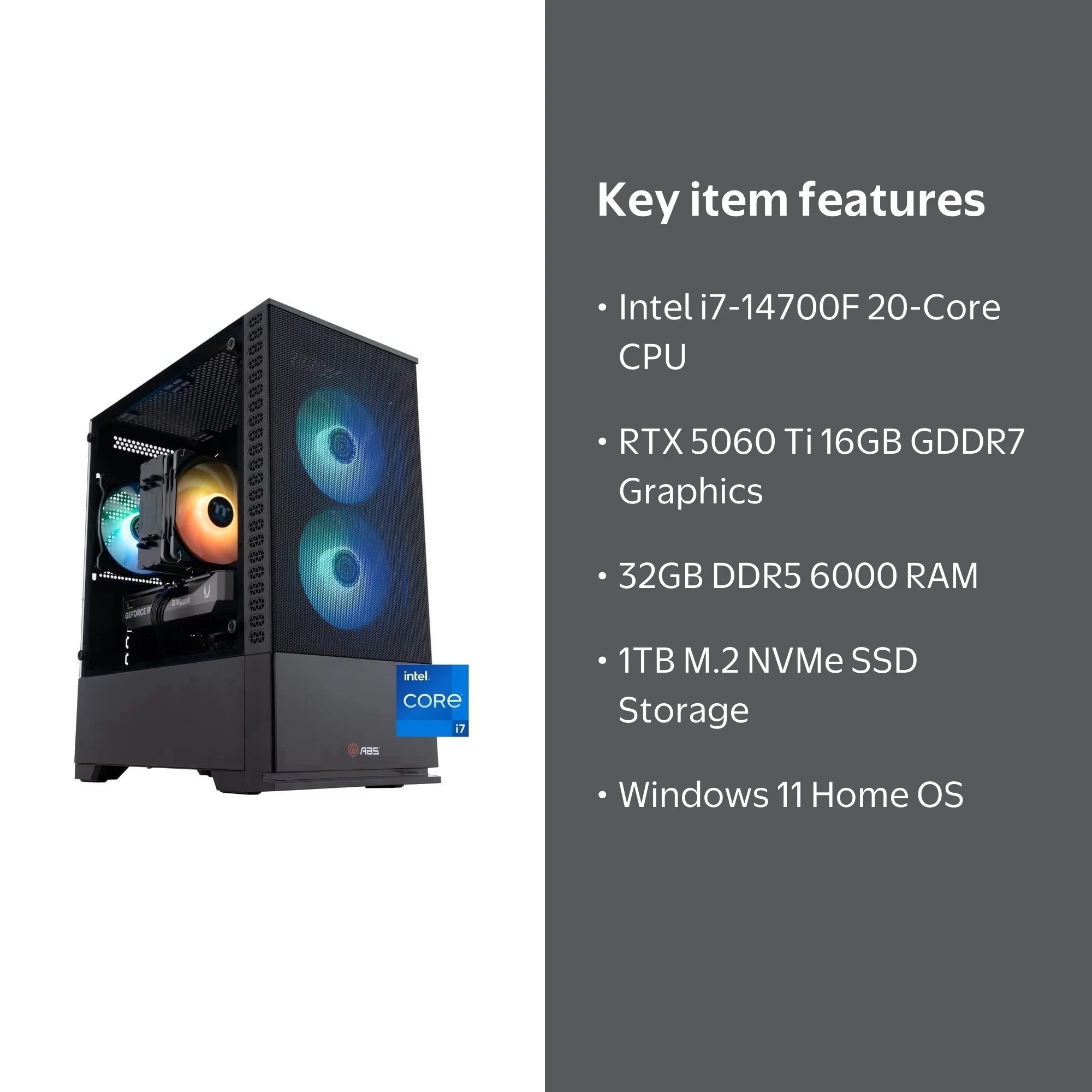 ABS Cyclone Aqua Gaming PC, Intel Core i7-14700F, GeForce RTX 5060