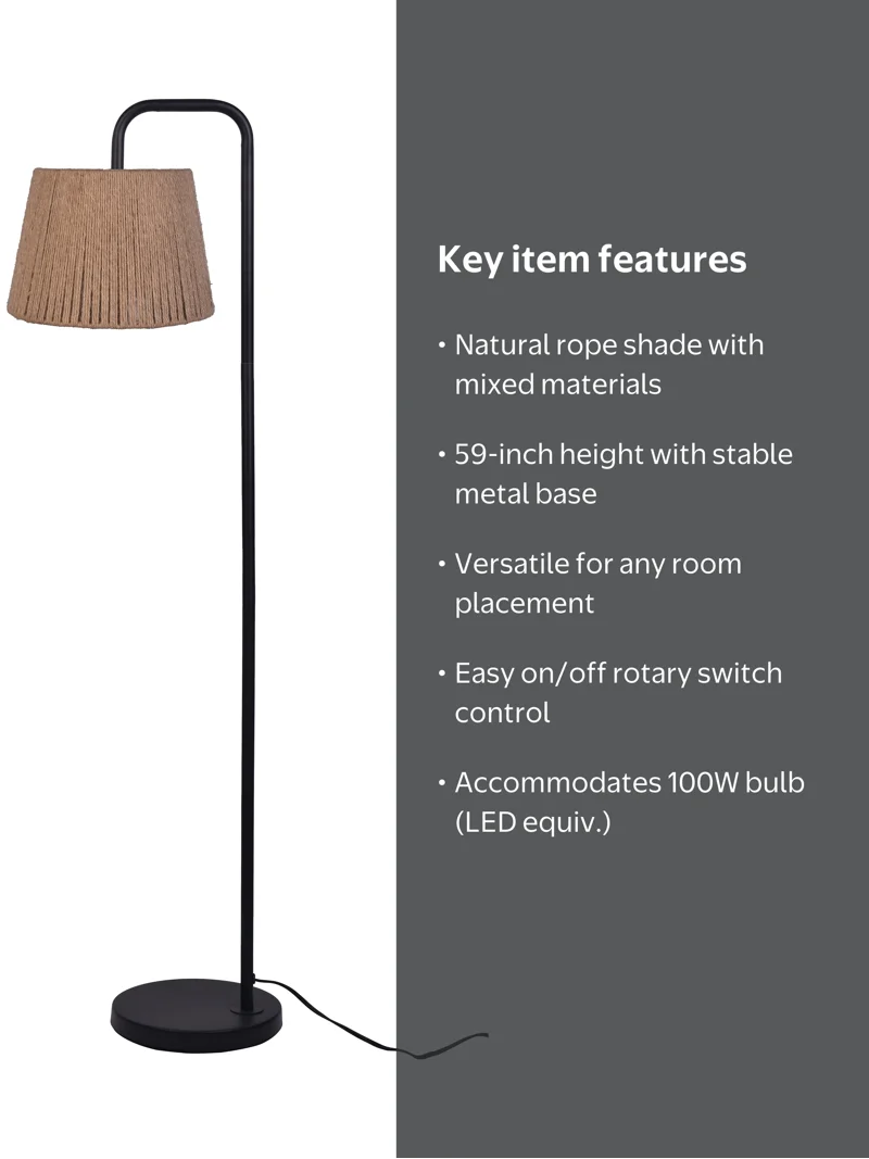 Mainstays Black Metal Floor Lamp with Rope Shade, Transitional