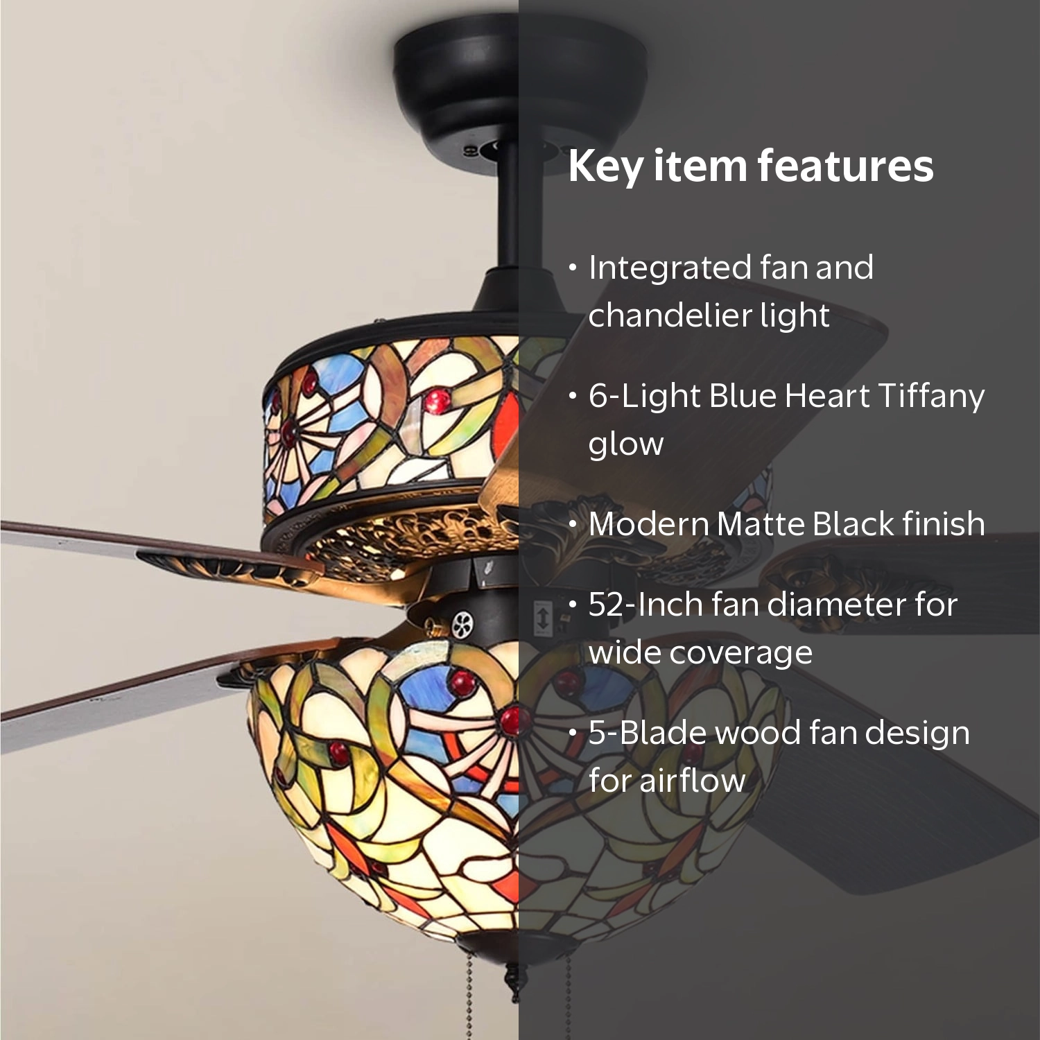 Ransoe 6-Light Tiffany Chandelier, 5-Blade 52-Inch Matte Black