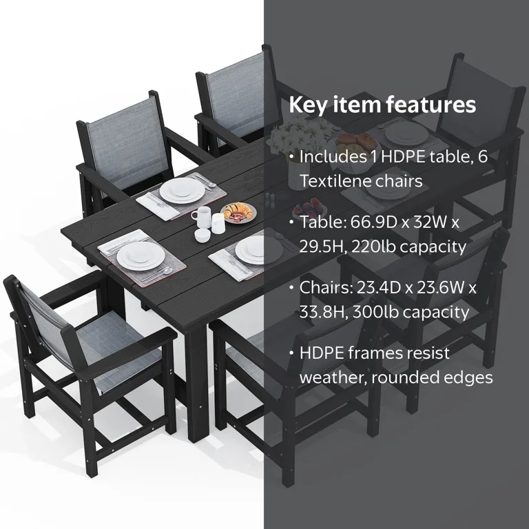 SERWALL Patio Dining Table Set, 7-Piece, Black, HDPE, Textilene