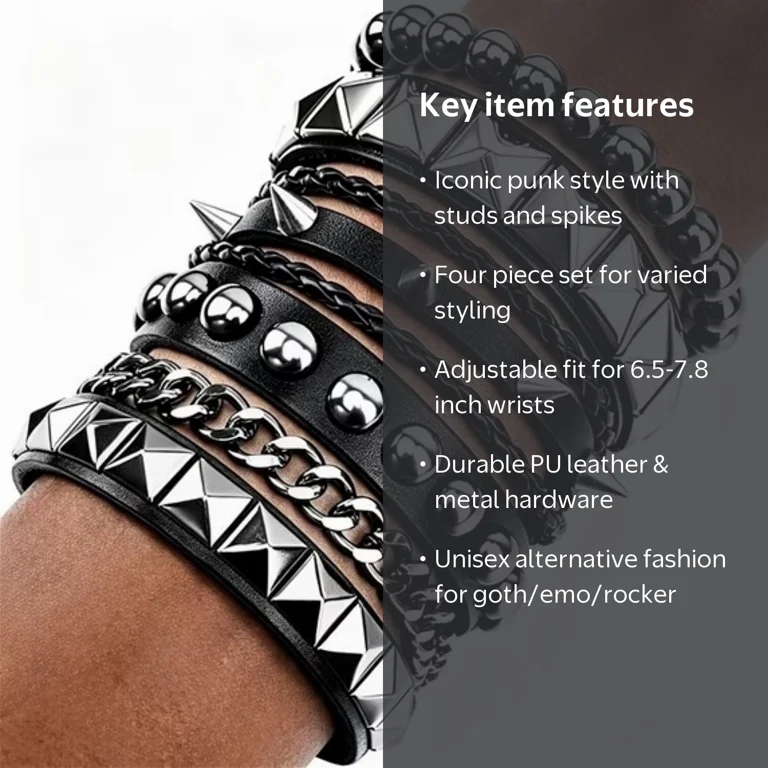 4 Pcs Punk Rock Leather Studded Bracelets for Men Women 80s Gothic