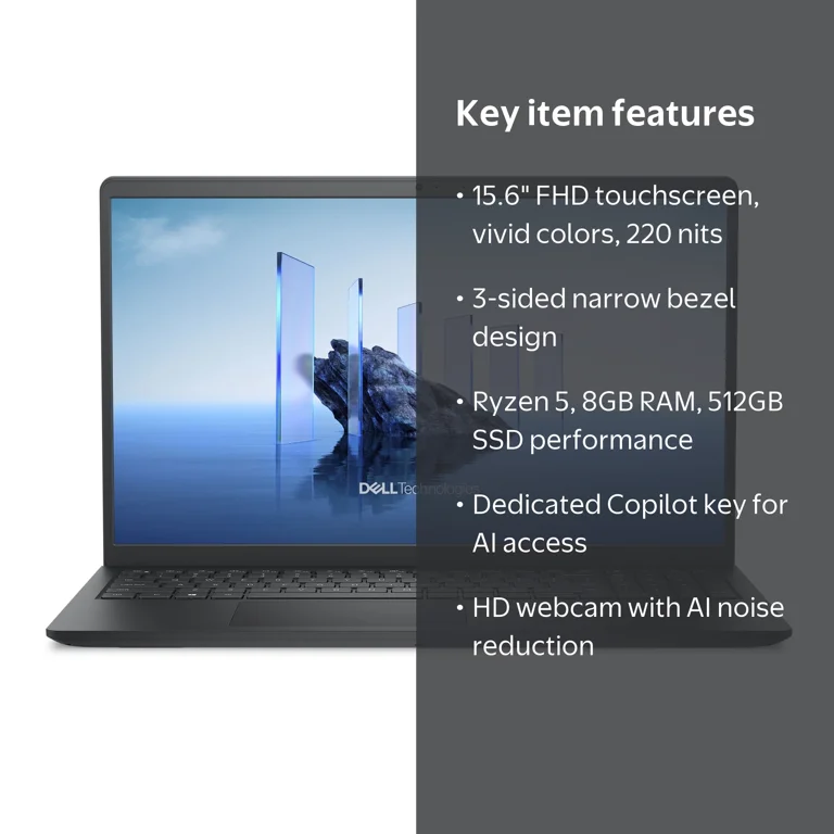 Dell DC15255 15.6-inch FHD Touchscreen Laptop, AMD Ryzen 5-130U