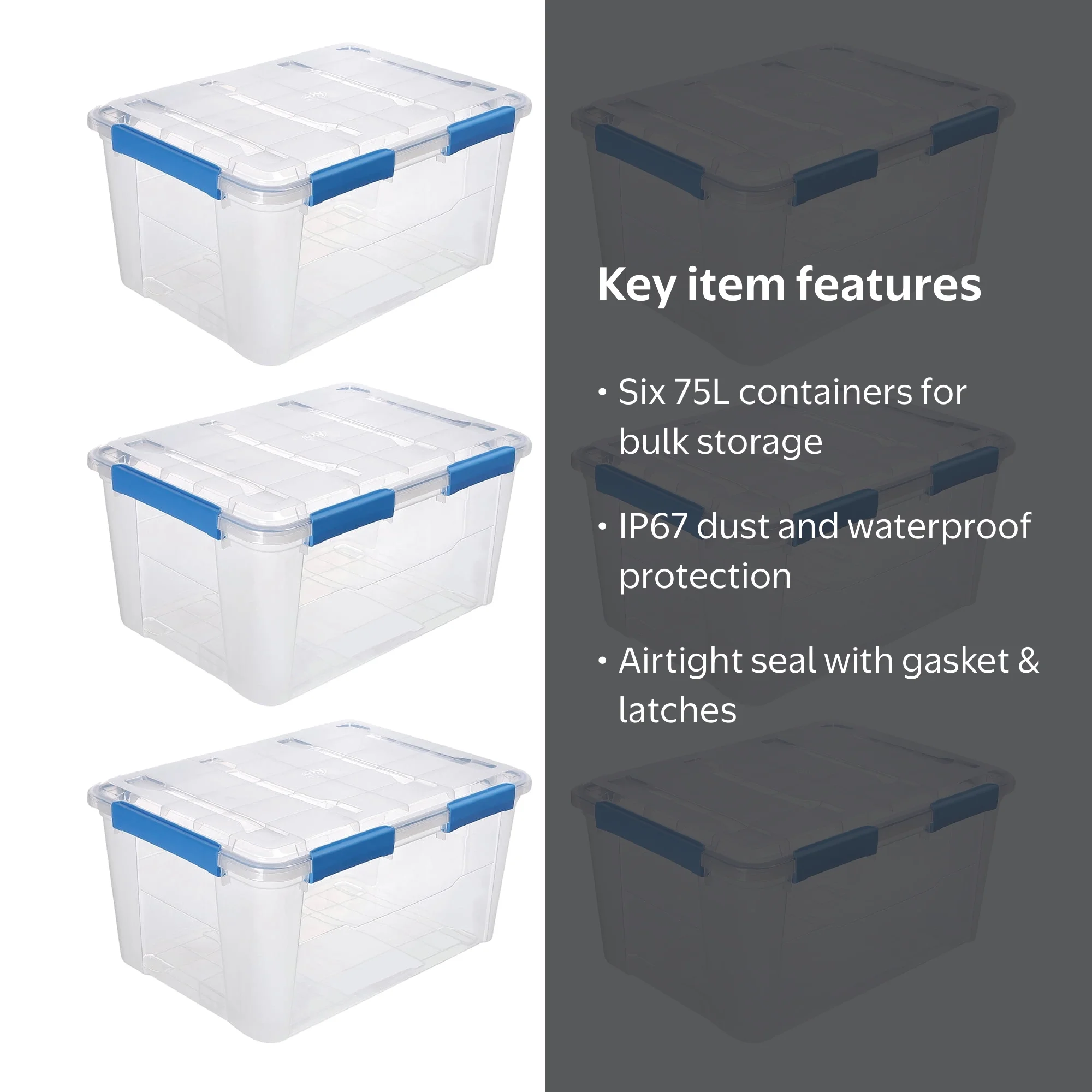 6 PACK - EZY STORAGE WATERPROOF 19.8Gal/79.3Qt/75L STORAGE BOX