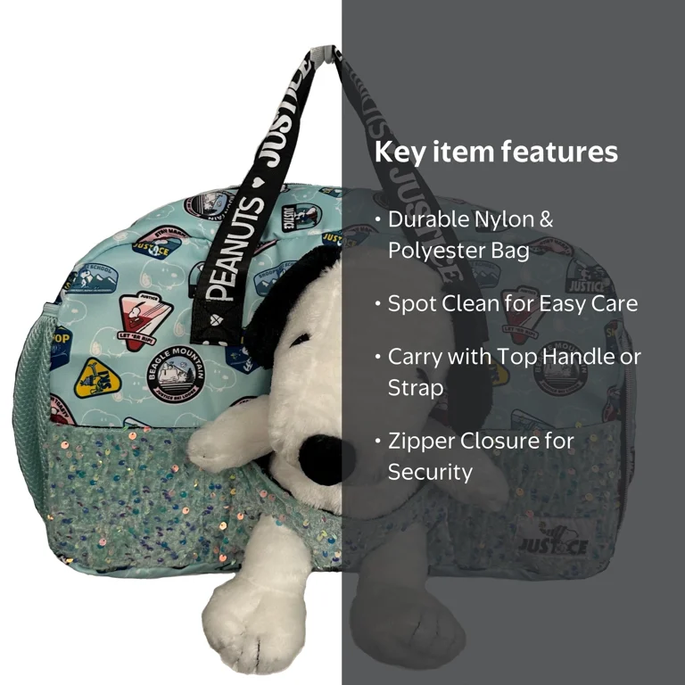 Justice Peanuts Girls Snoopy Duffle Bag with Plush Doll, Turquoise
