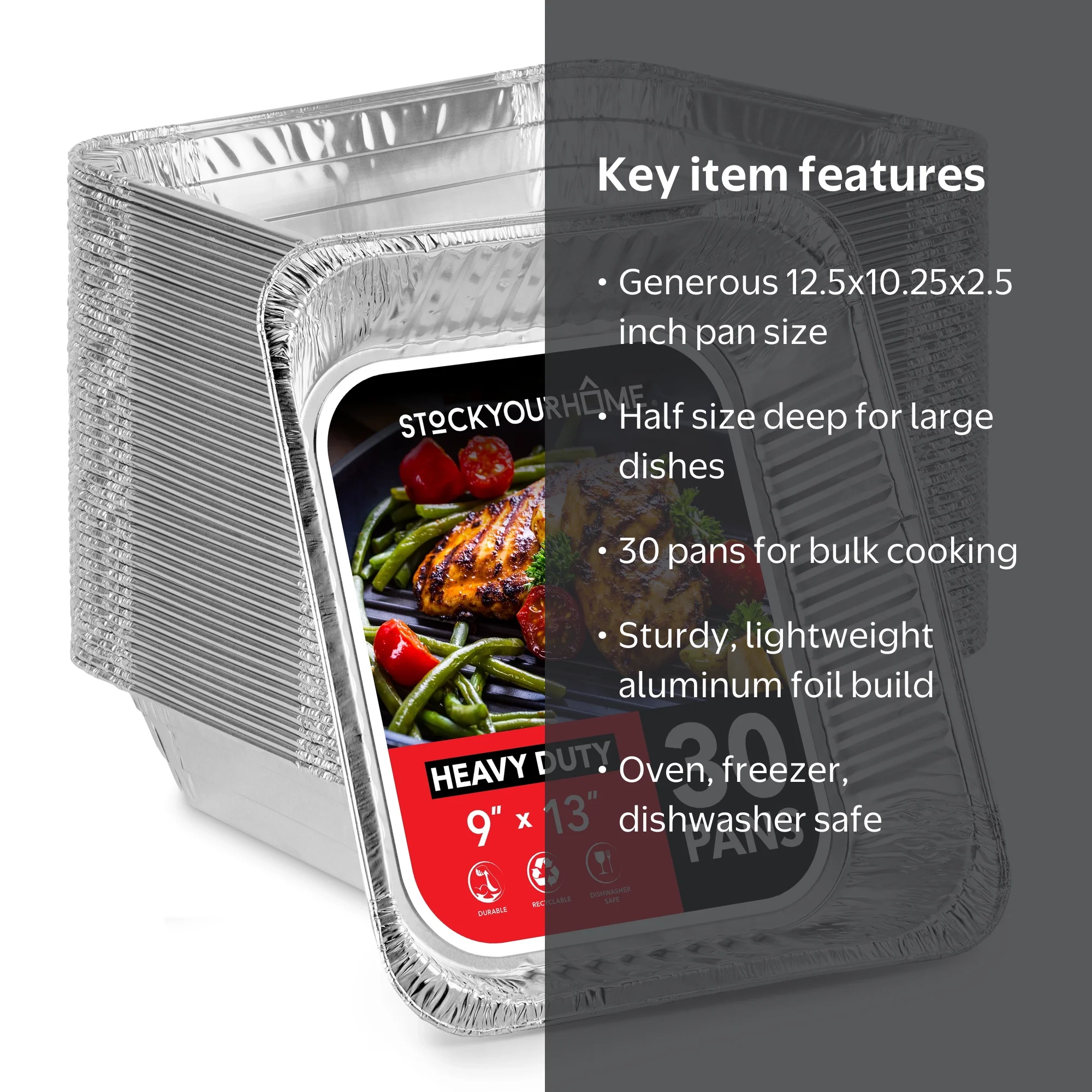 Stock Your Home, Aluminum 9x13 Disposable Foil Pan, 30 Pack, Deep
