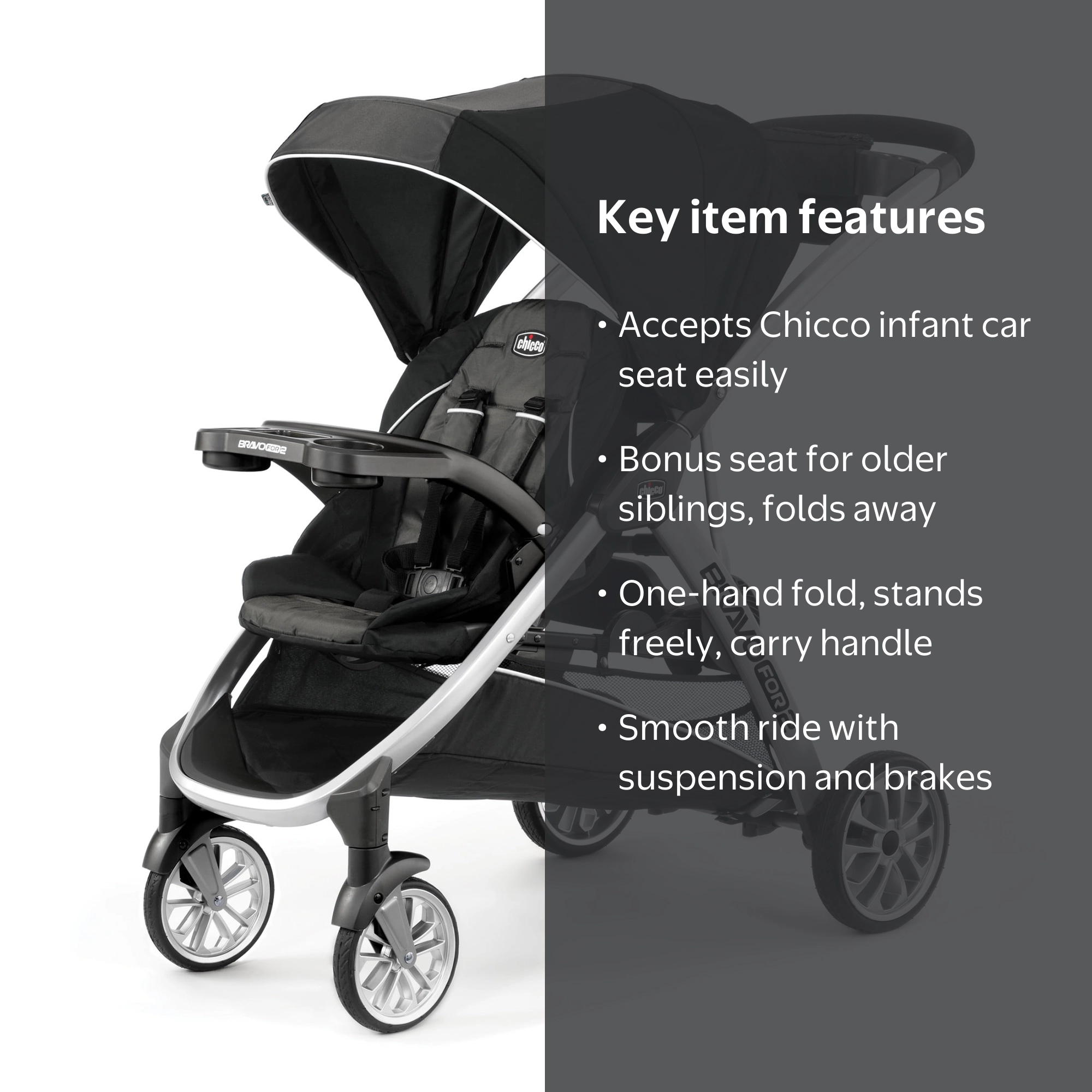 Chicco BravoFor2 Standing/Sitting Double Stroller - Iron (Black