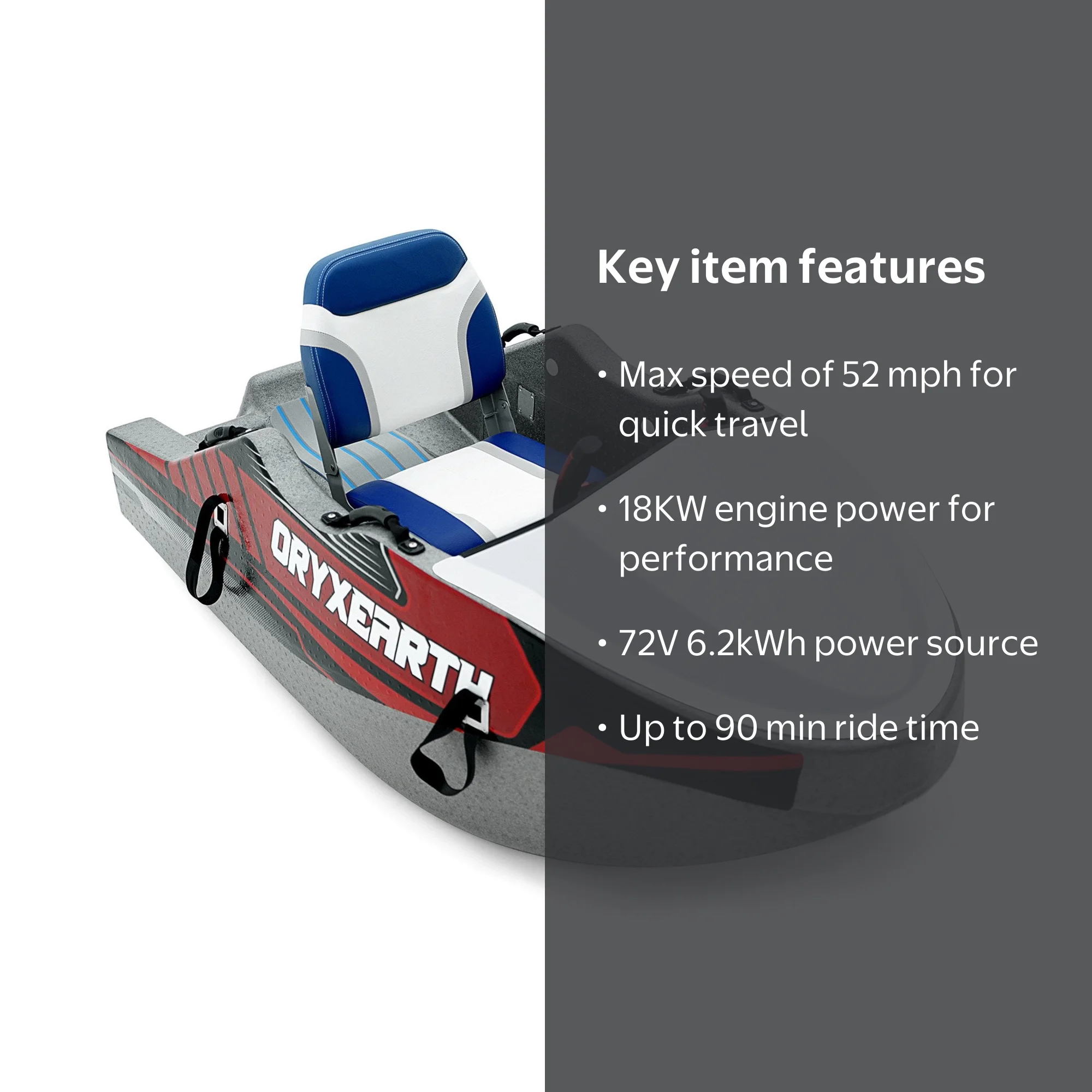 Oryxearth Electric Kart Boat 18kw, Mini Jet Boat 72v, Up to 52 Mph