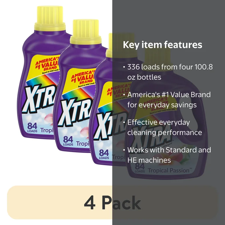 4 pack) Xtra Tropical Passion, 84 Loads Liquid Laundry Detergent