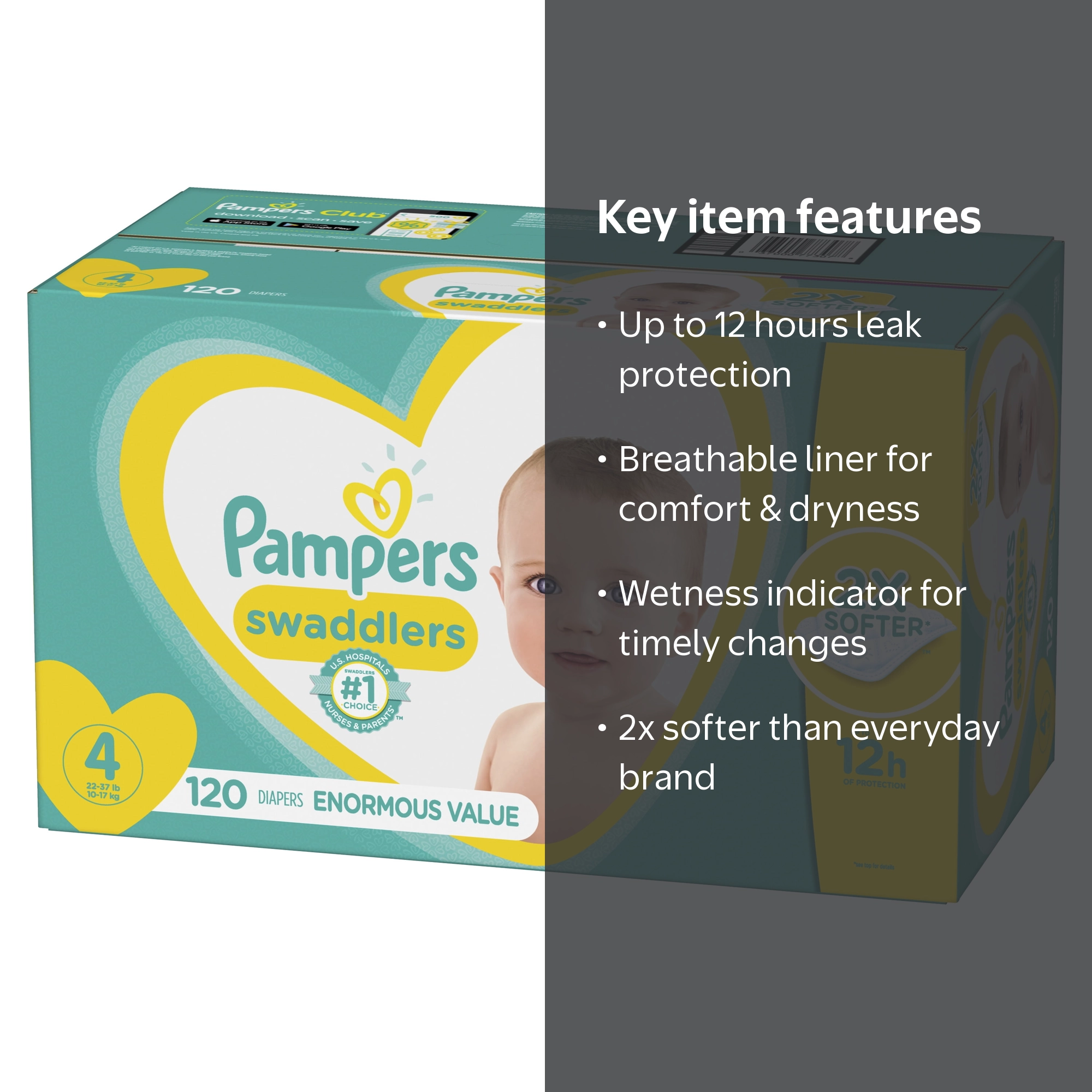 Pampers Swaddlers Diapers, 2x Softer and Absorbent, Size 4, 120 Ct
