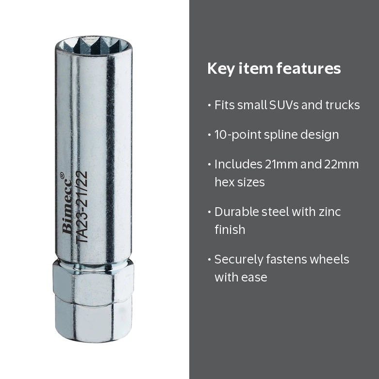 Bimecc, Lug Nut Tool Key, TA23-21/22, 10-Spline 21mm & 22mm Hex