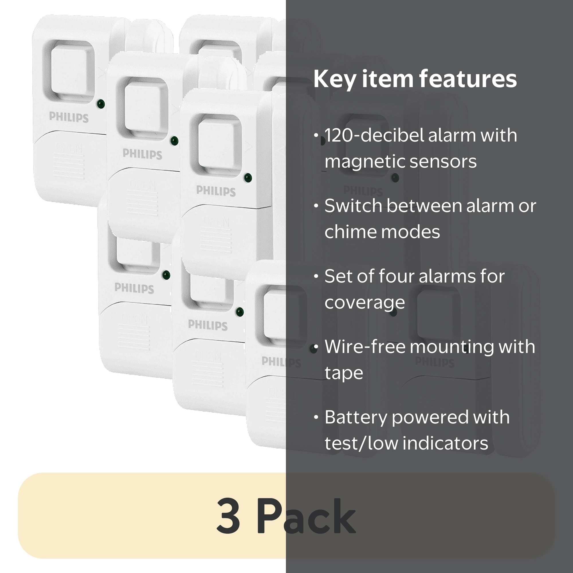 Philips Window/Door Alarm 4-Pack – Wireless Magnetic Sensor, 120dB Siren Or Chime, DIY Security For Home, Garage, Apartment & RV (Batteries Included)
