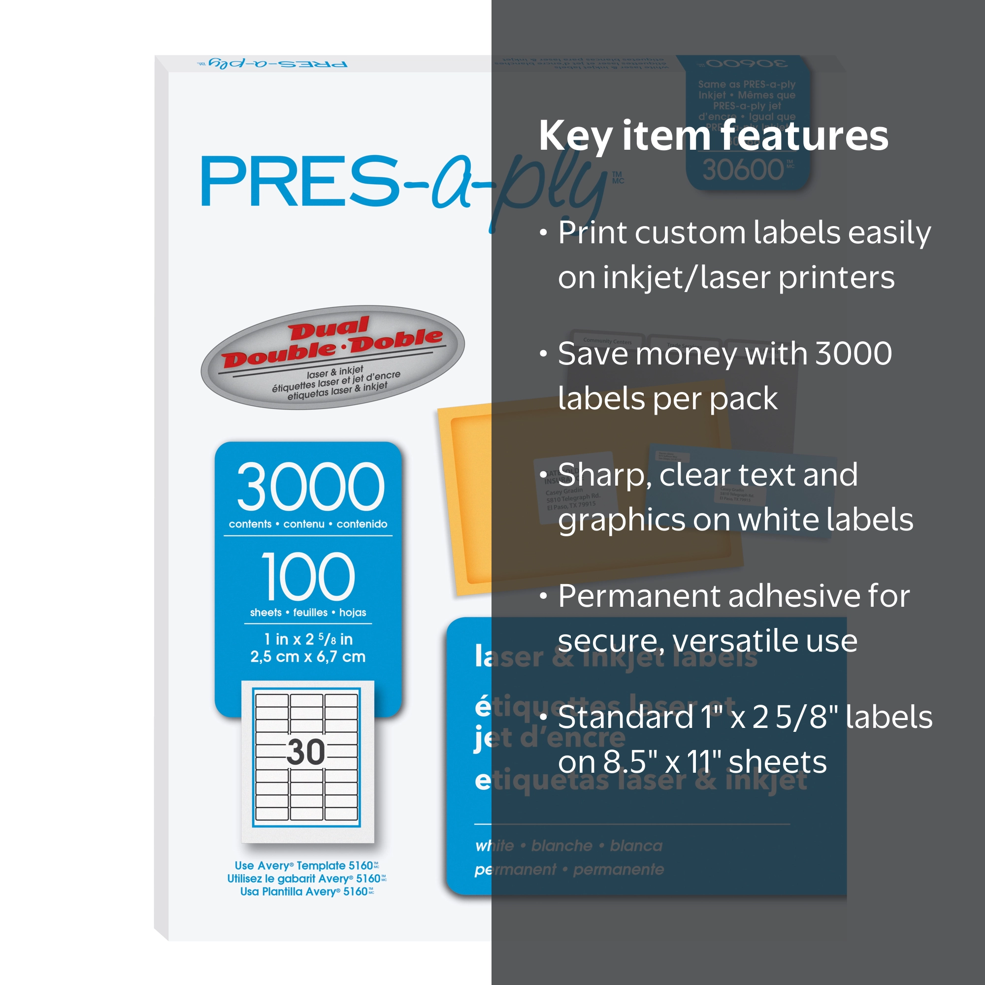 Pres-a-ply, Labels, AVE30600, White, 3000/Box, Laser compatible