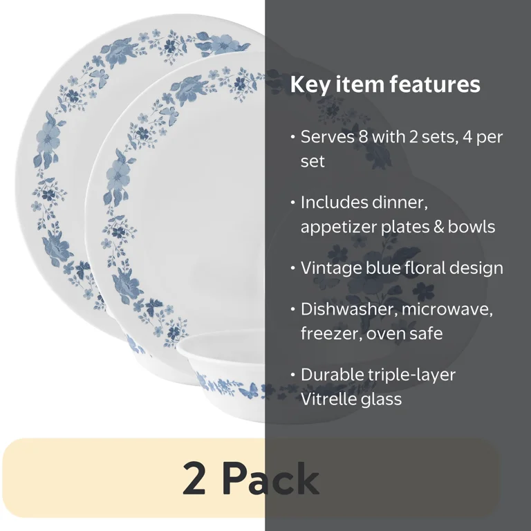 2 pack) The Pioneer Woman by Corelle Evie Blue 12-Piece Dinnerware