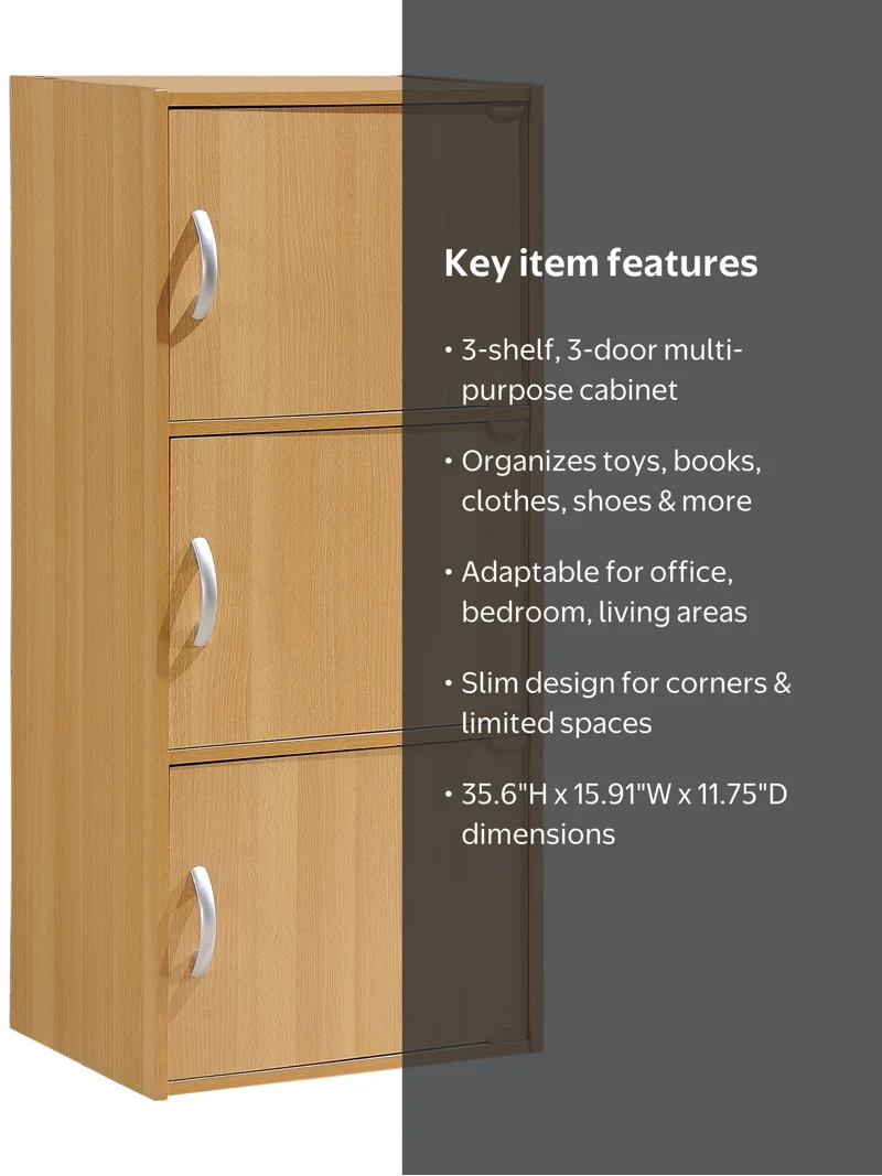 Hodedah 3-Shelf, 3-Door Multi-Purpose Bookcase Cabinet, Beech