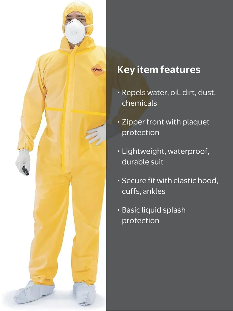Tiger Tough, Chemical Coverall, Large, Yellow Men's Hazmat Suit