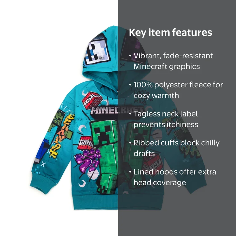 Minecraft Creeper Zombie Boys Fleece Hoodie, Long Sleeve Graphic