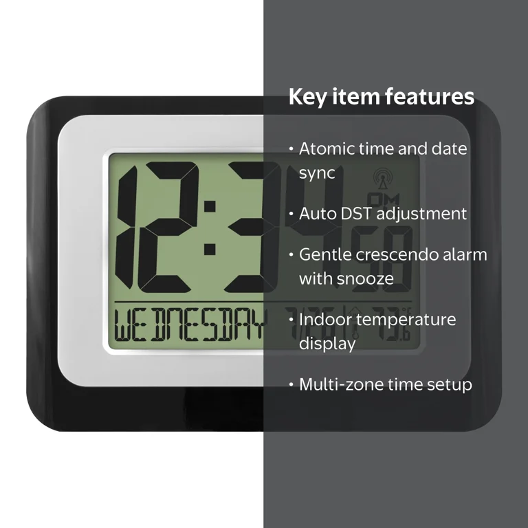 Mainstays Digital Atomic Calendar Clock with Temperature, Alarm