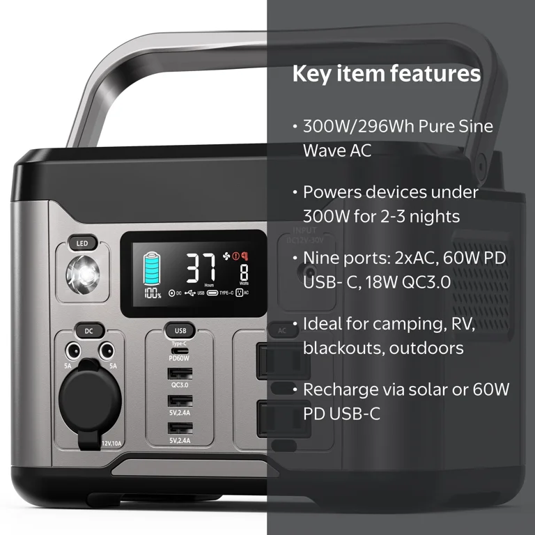 Goosiay 300W Portable Power Station, 296Wh Battery Backup, Gray