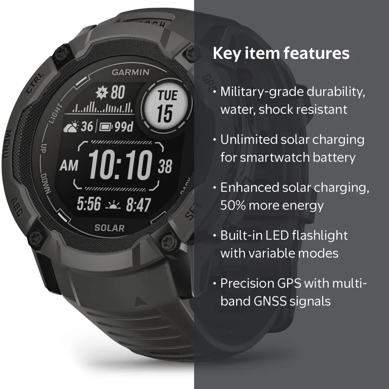 Garmin Instinct 2X Solar Rugged GPS Smartwatch, Graphite, Power