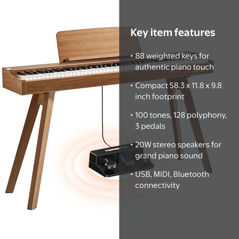 Terence, Digital Piano, 88 Key Weighted Keyboard, Full-Size, Brown