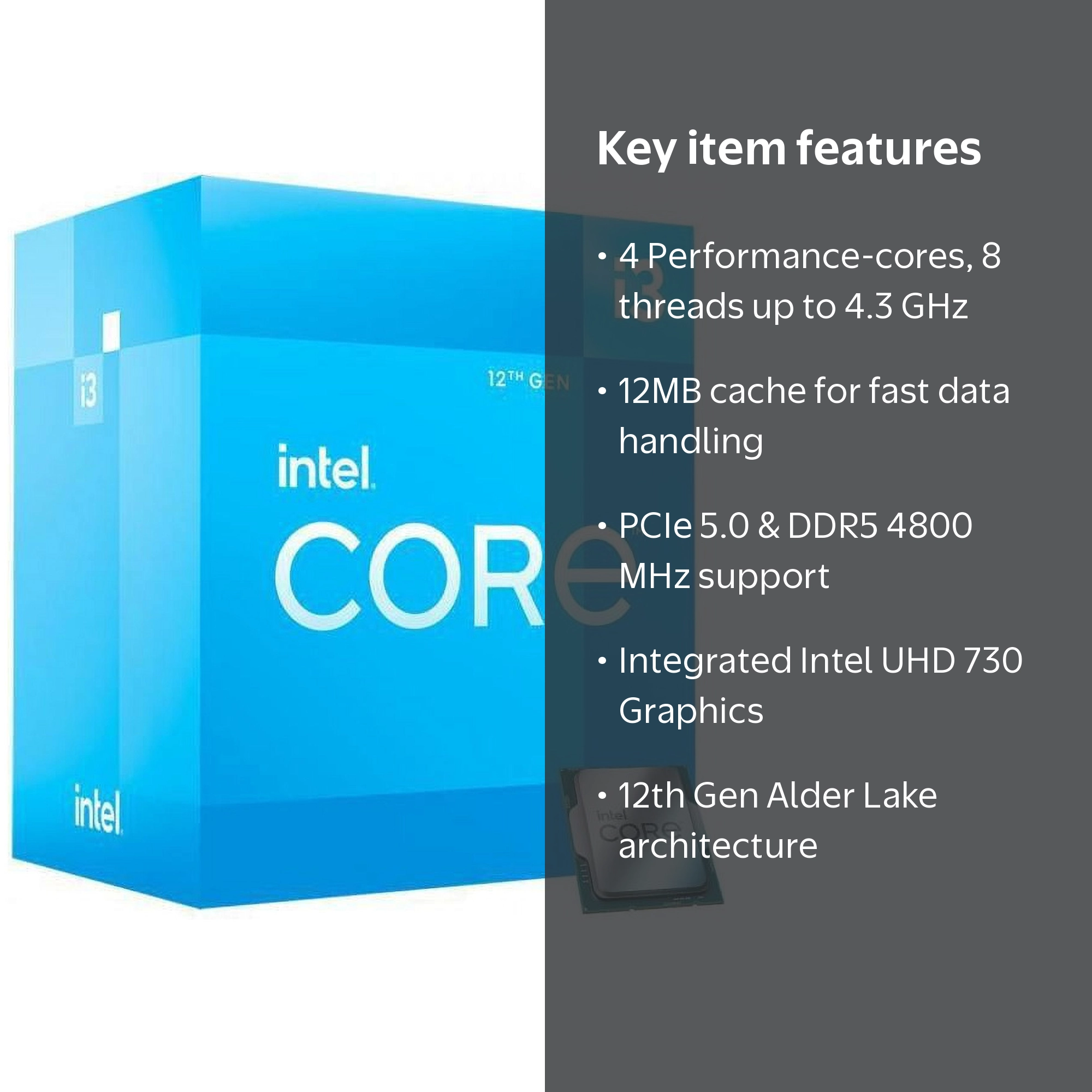 Intel Core i3-12100 CPU - 4 Cores, 8 Threads, 4.30 GHz Turbo, UHD