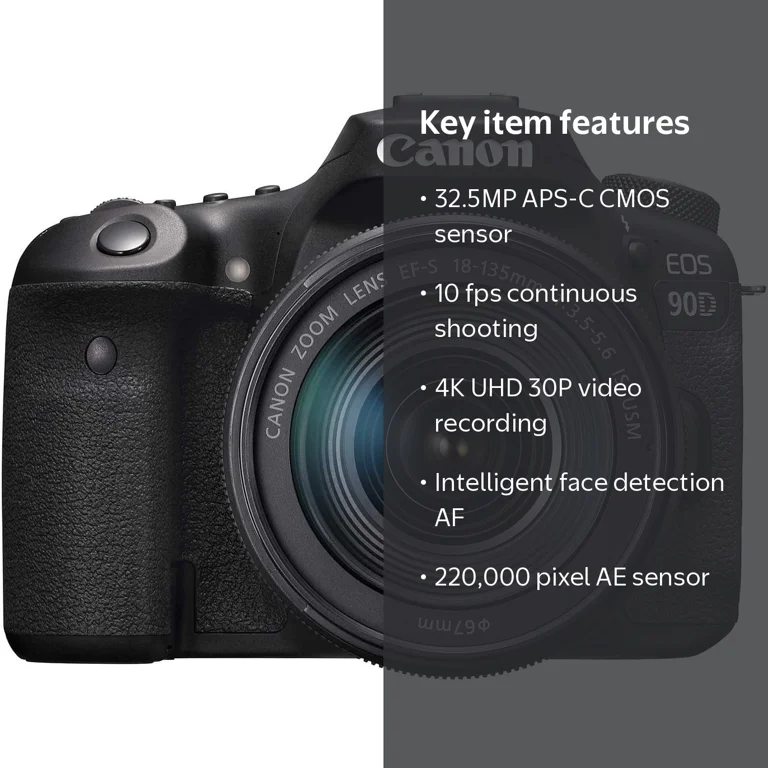Canon, EOS 90D DSLR Camera, 18-135mm Lens, Black, 32.5MP - Walmart.com