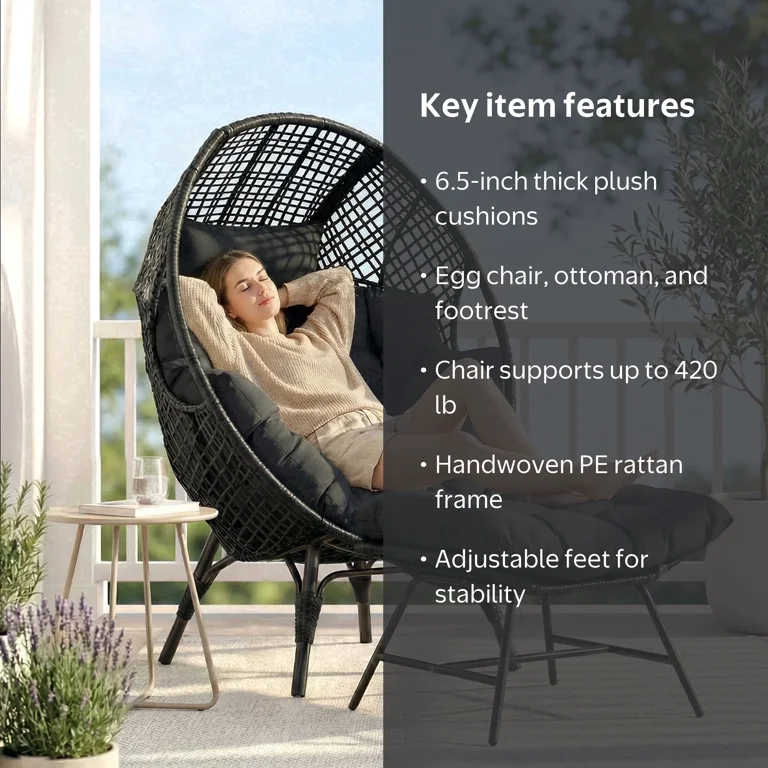 NICESOUL Boho Rattan Egg Chair with Cushion and Footrest for