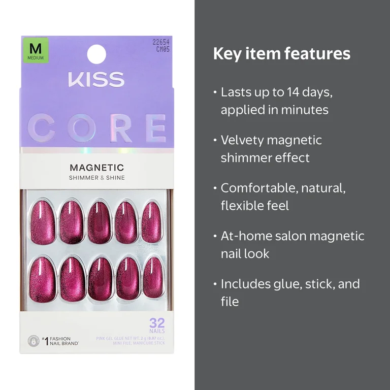 Kiss, Magnetic Press On Nails, 32 Count, Purple Almond Medium