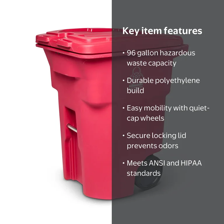 Toter 96 Gal. Red Hazardous Waste Trash Can with Wheels and Lid