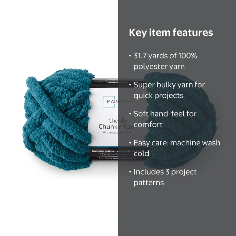 Mainstays Chunky Chenille Yarn, 31.7 yd, Teal, 100% Polyester