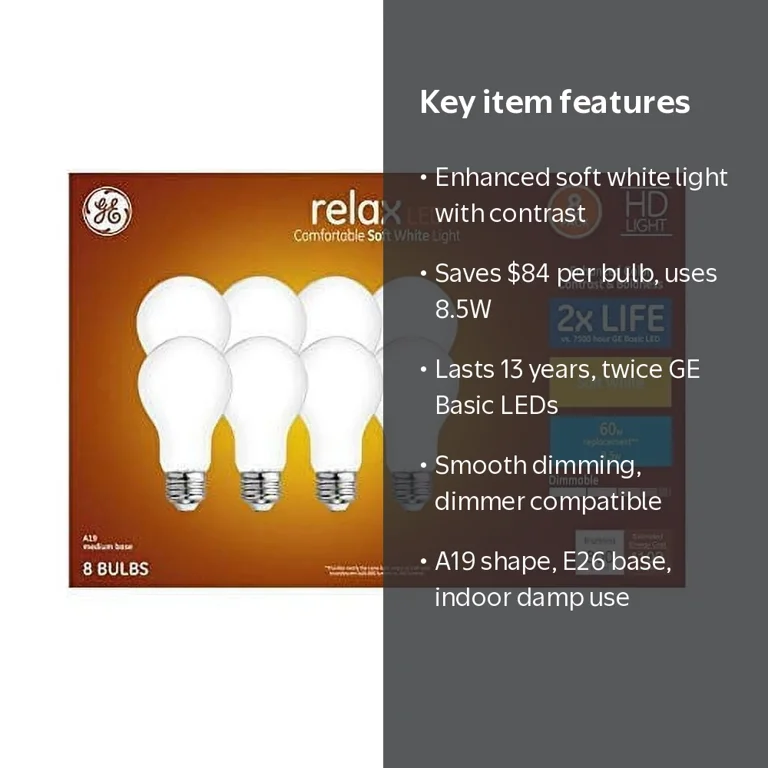 GE, Relax LED Light Bulbs, Dimmable, 8 Pack, Soft White - Walmart.com