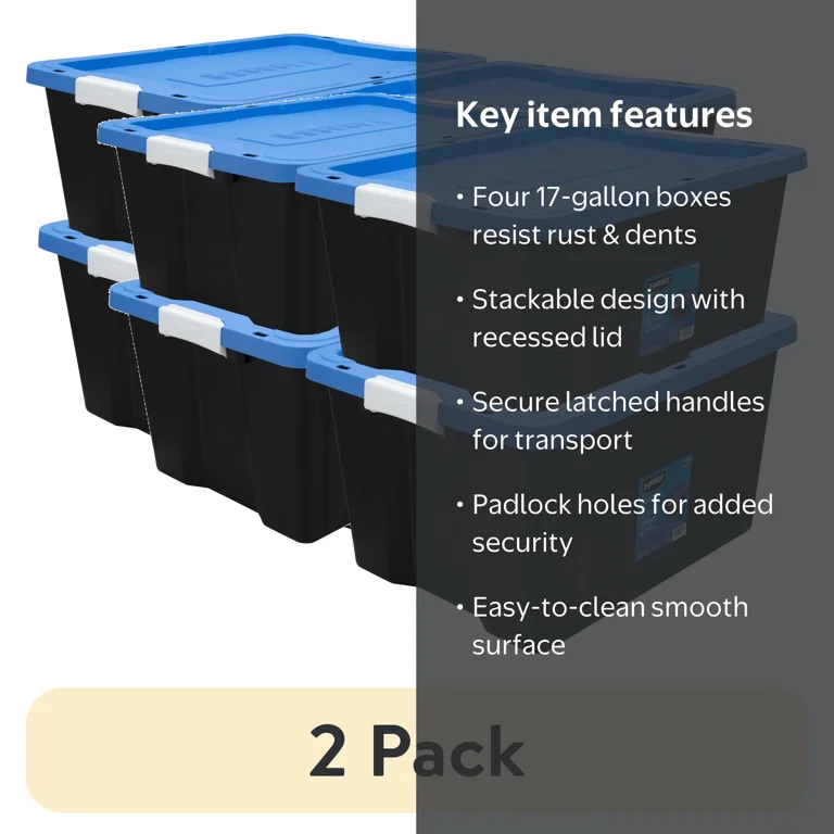 2 pack) HART 17 Gallon Heavy Duty Latching Plastic Storage Box