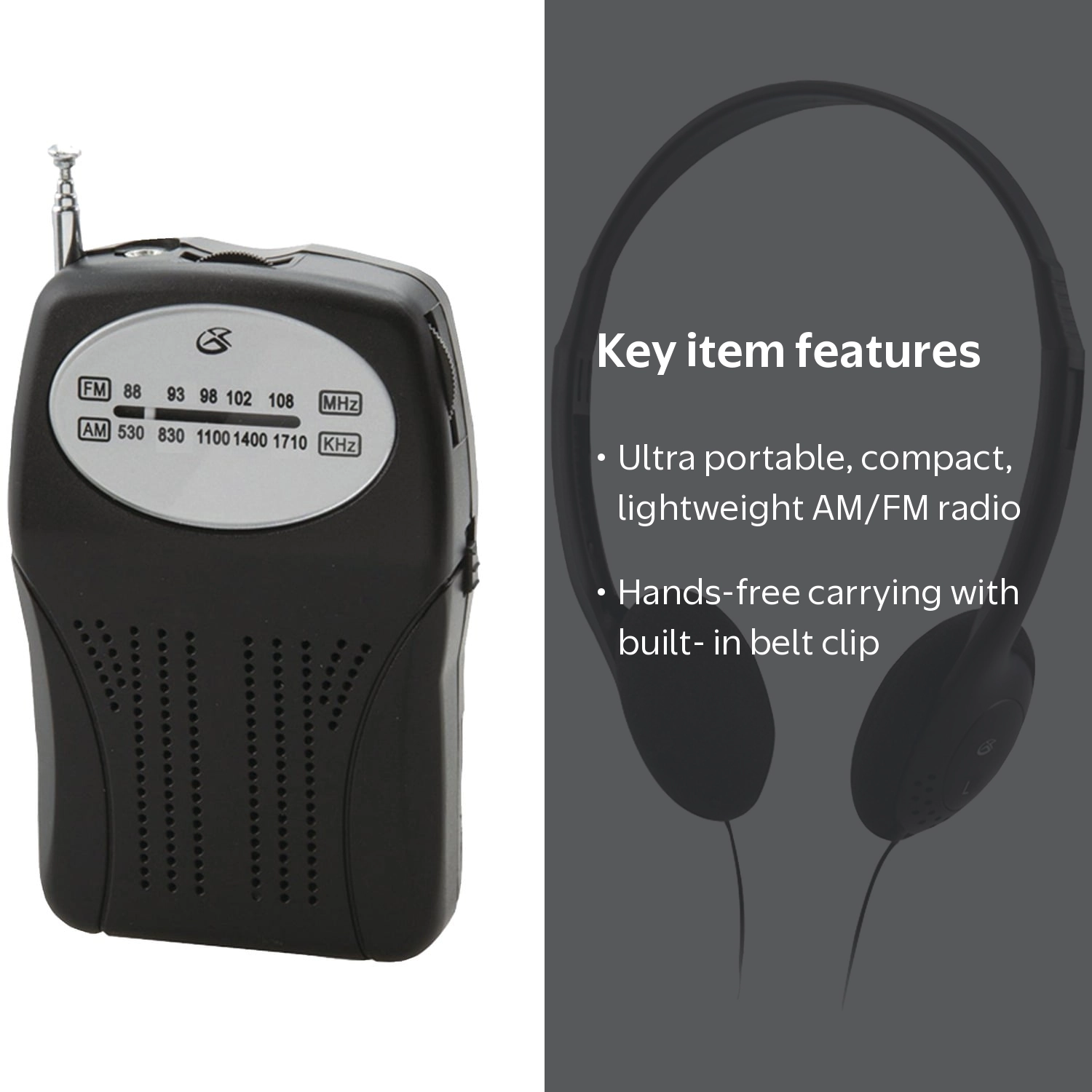 GPX Portable AM/FM Radio with Wired Headphones, Black, R116BPT