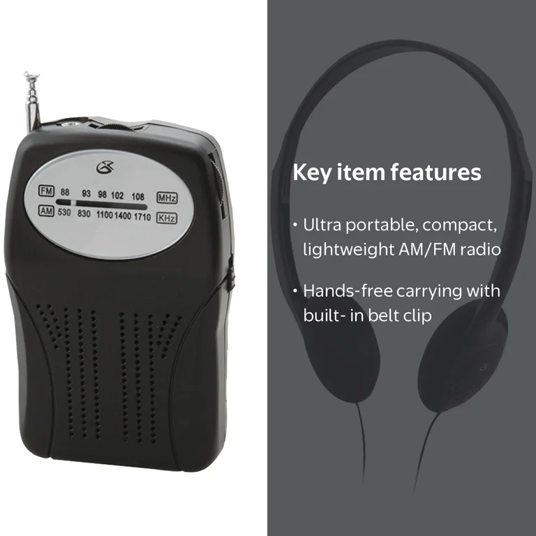 GPX Portable AM/FM Radio with Wired Headphones, Black, R116BPT