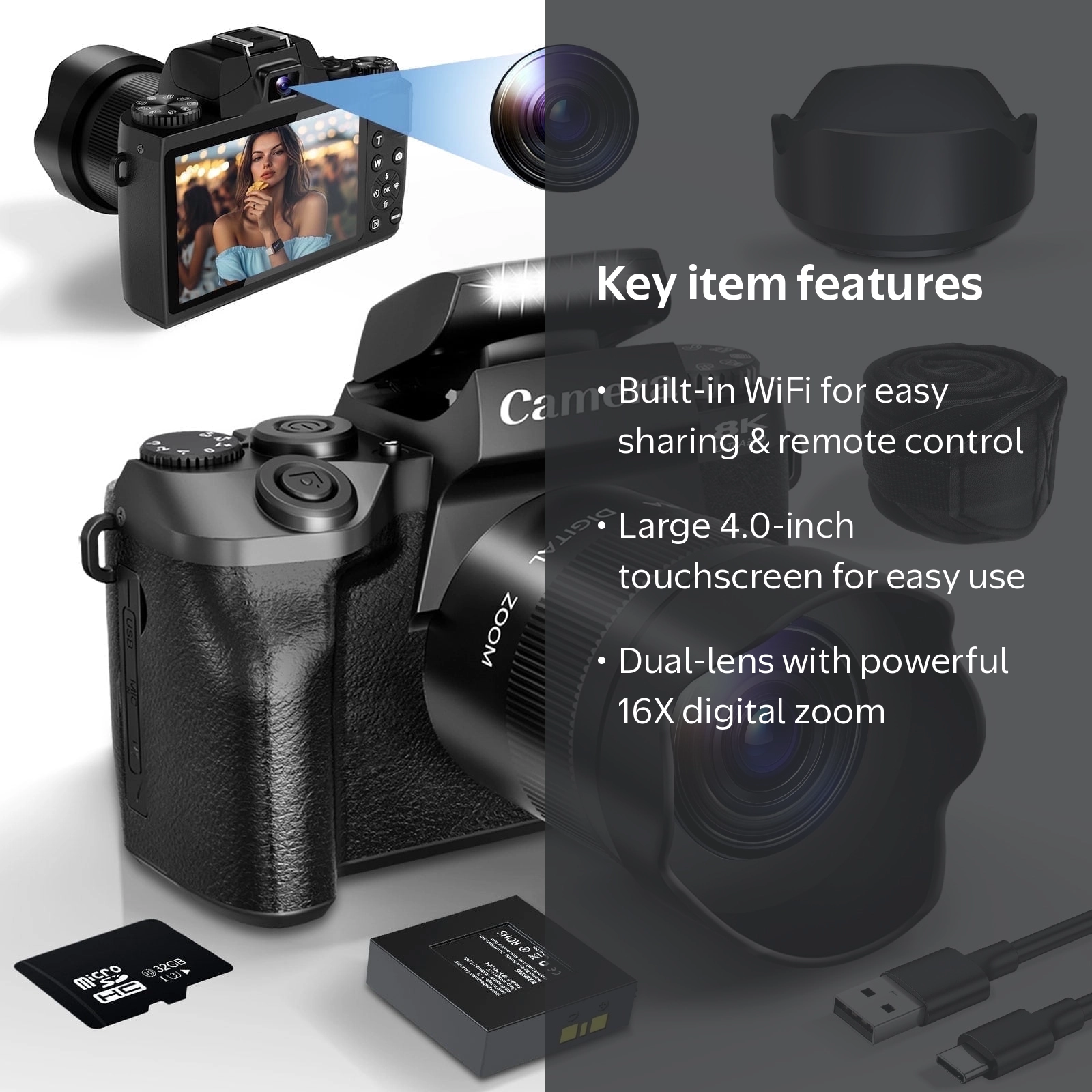 XLURC Digital Camera for Photography 8K Vlogging Camera for