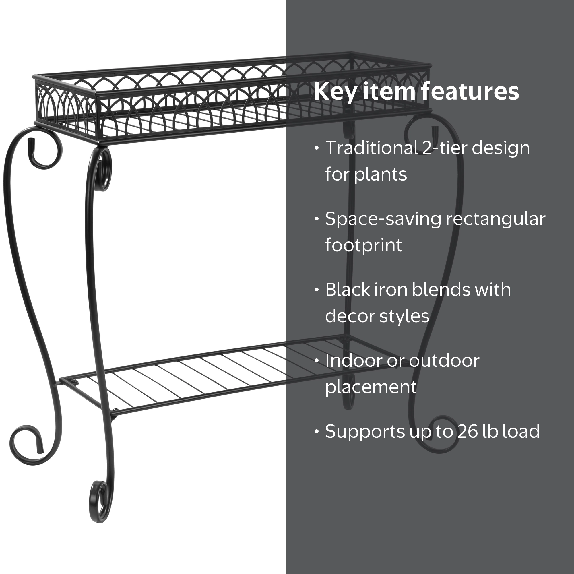 Mainstays Traditional 2-Tier Plant Stand, Black, 26 in L x 13 in W