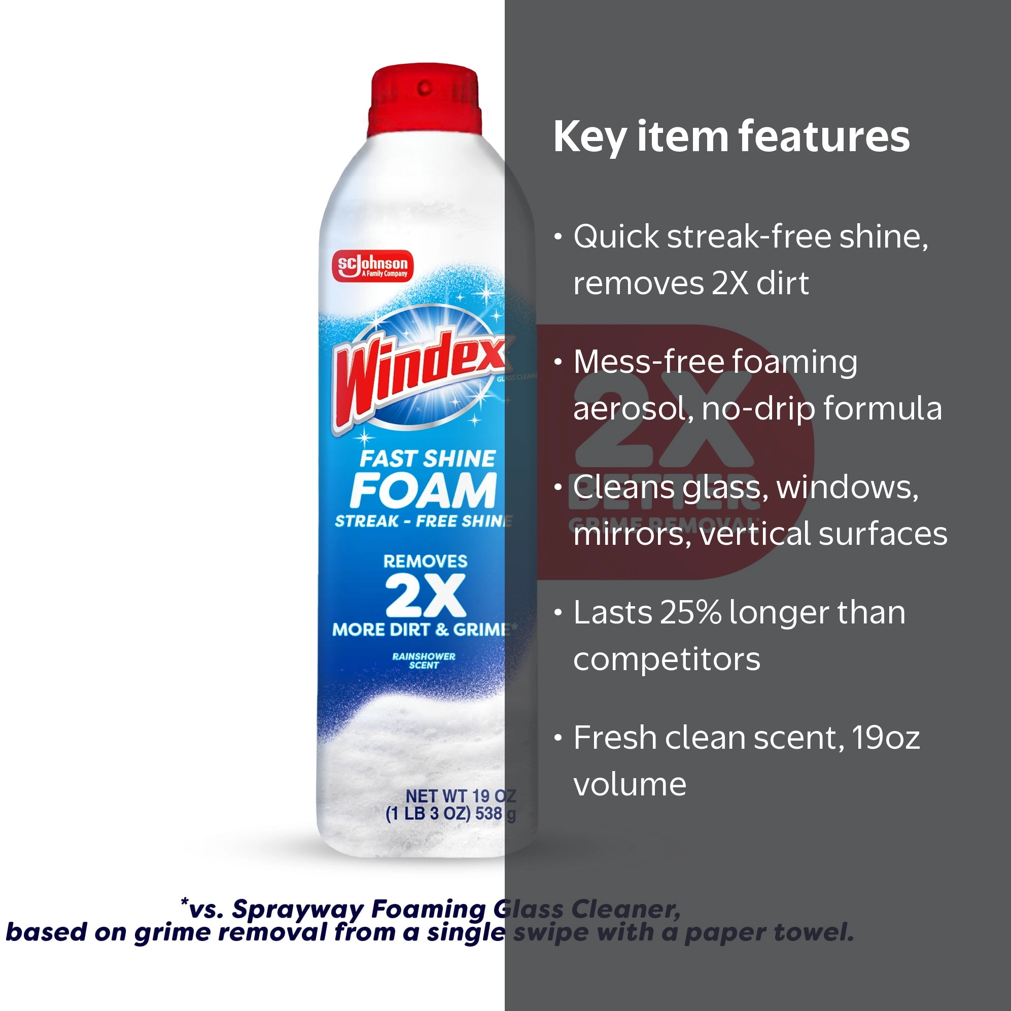 Windex, Fast Shine Foam Glass Cleaner, 19 oz, streak-free shine