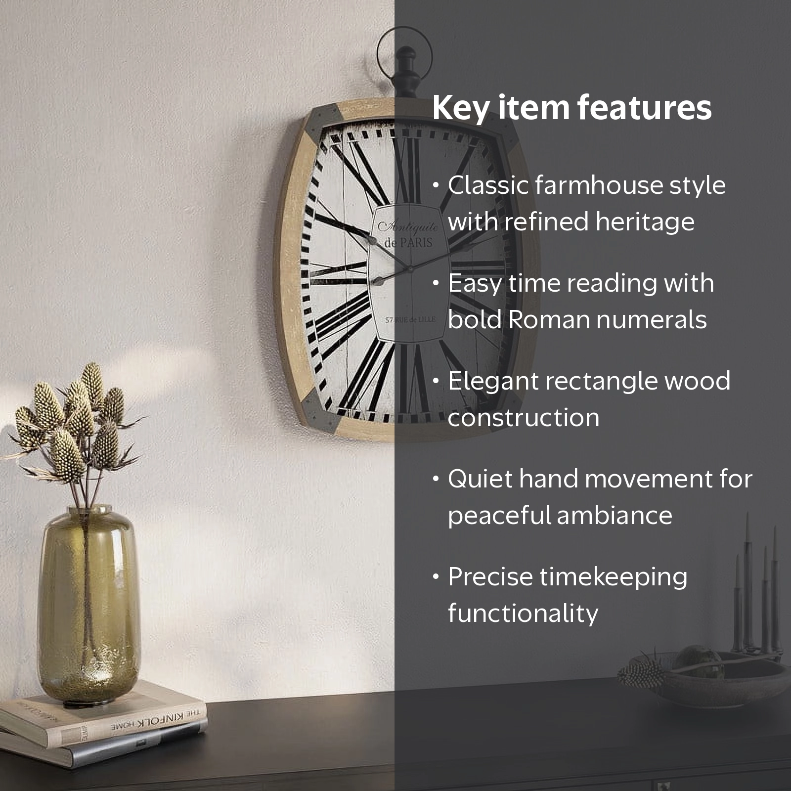 Kiara Farmhouse Style Wall Clock - Vintage Roman Numerals