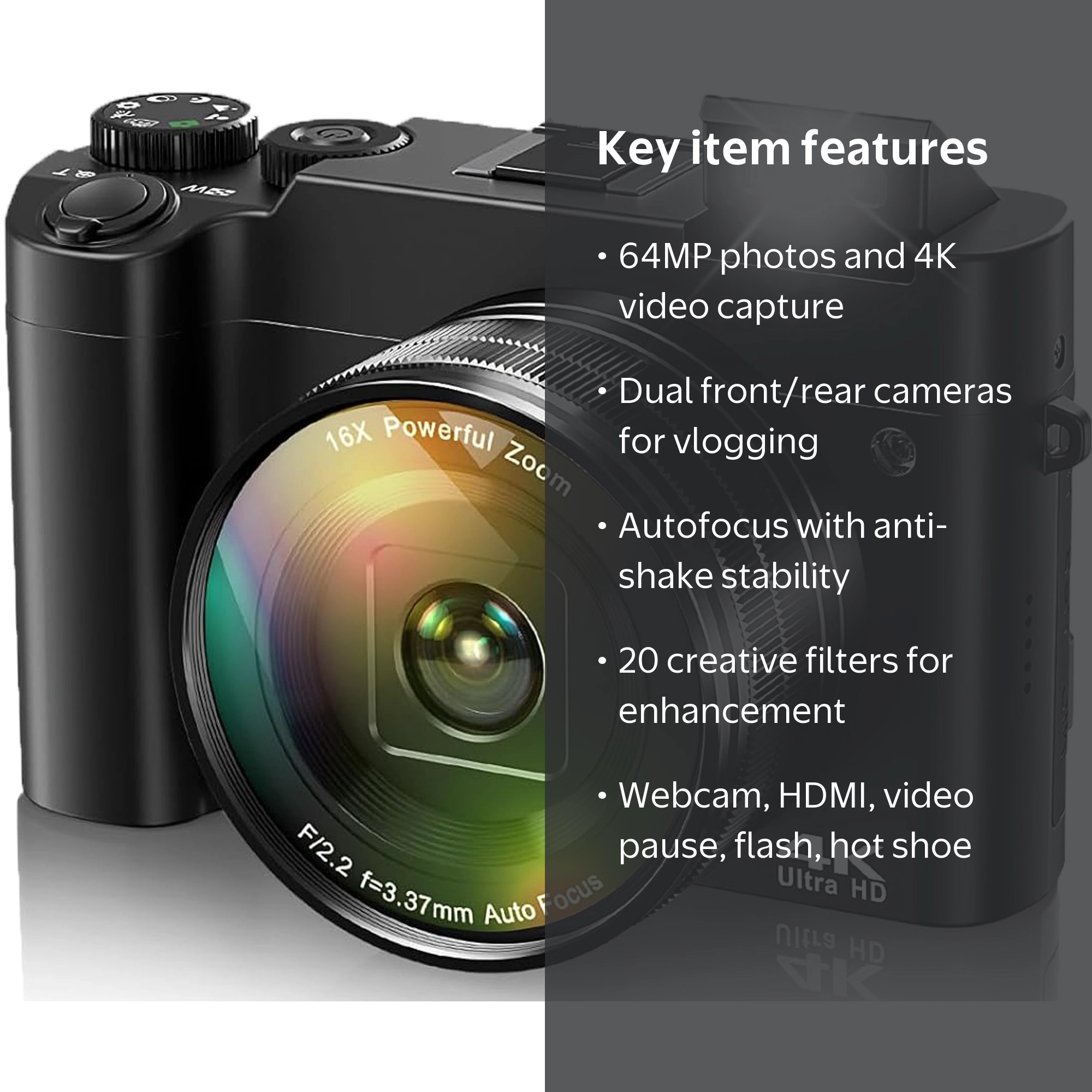 ACTITOP 4K Digital Camera, 64MP Vlogging Camera, Dual Lens, 16x