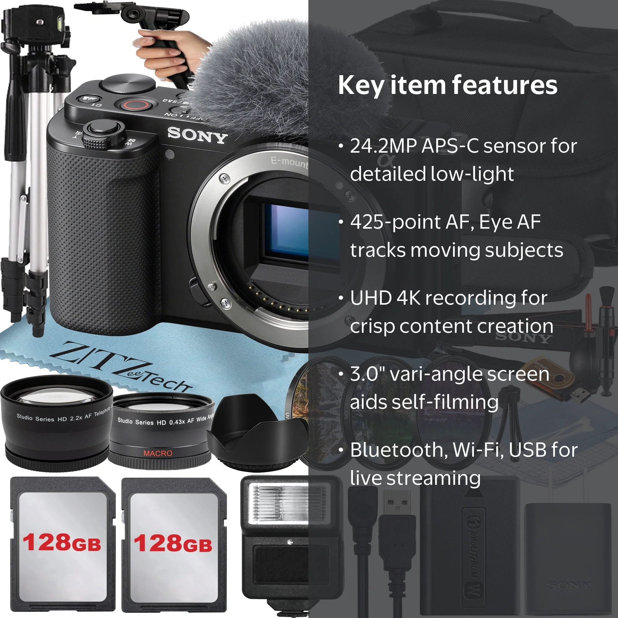 Sony ZV-E10 Mirrorless Camera (Body) with 2 Pack 128GB Memory Card
