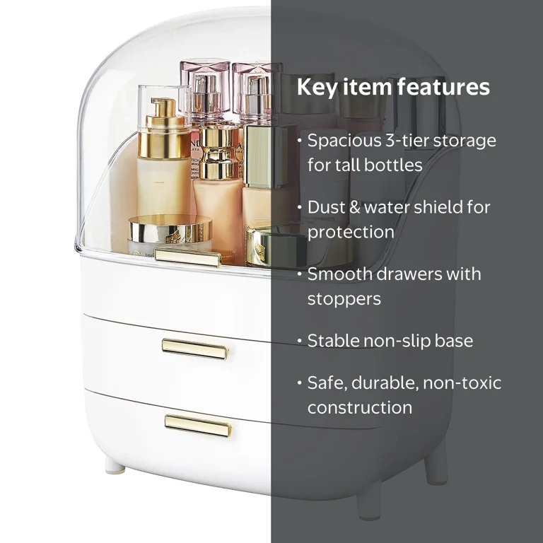 Sindcom 3-Tier Makeup Organizer with Drawers and Lid, Waterproof & Dustproof Skincare Organizers for Vanity and Bathroom Countertop, Large Capacity