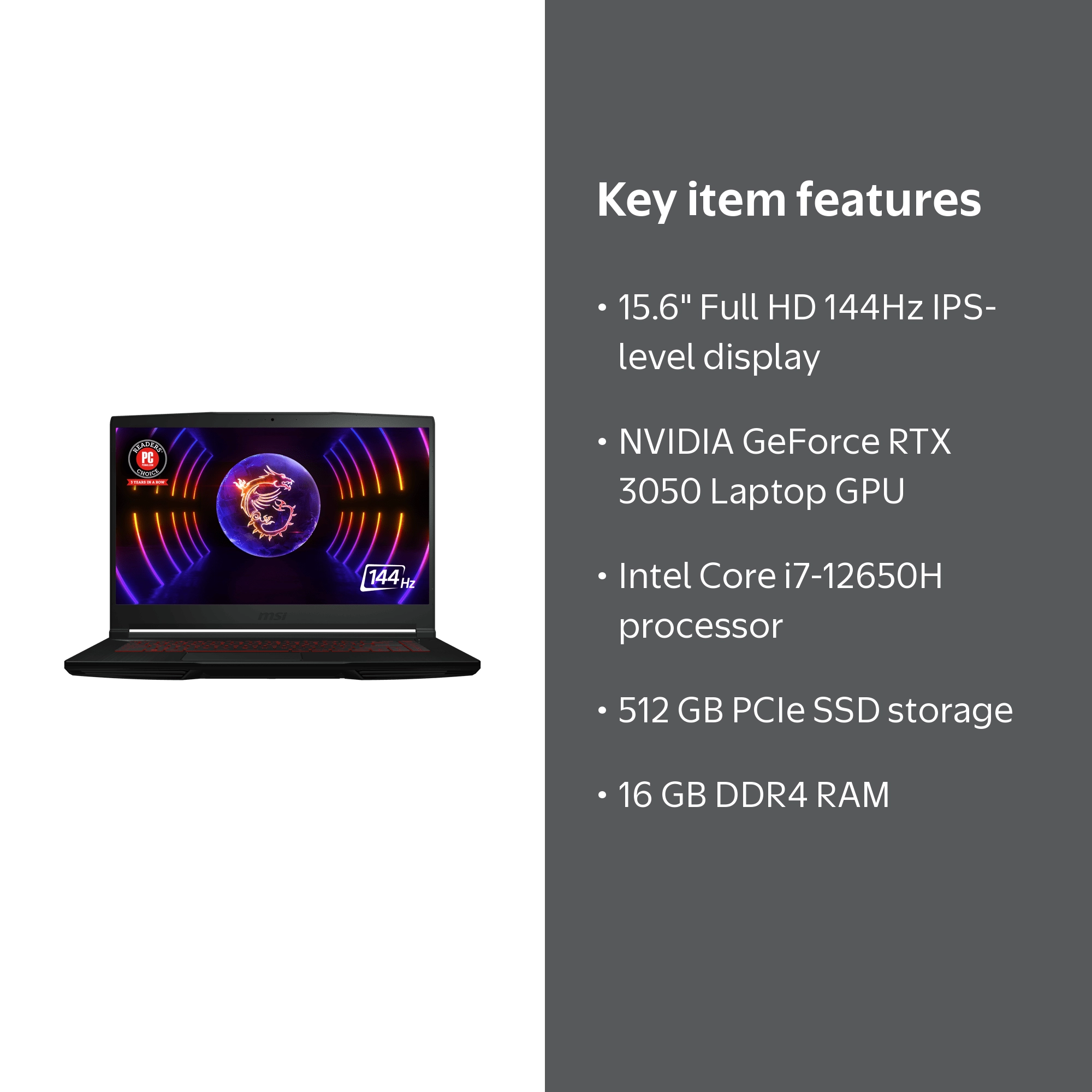 MSI GF63 Gaming Laptop - 15.6'' 144Hz, Intel i7, RTX 3050, 16GB