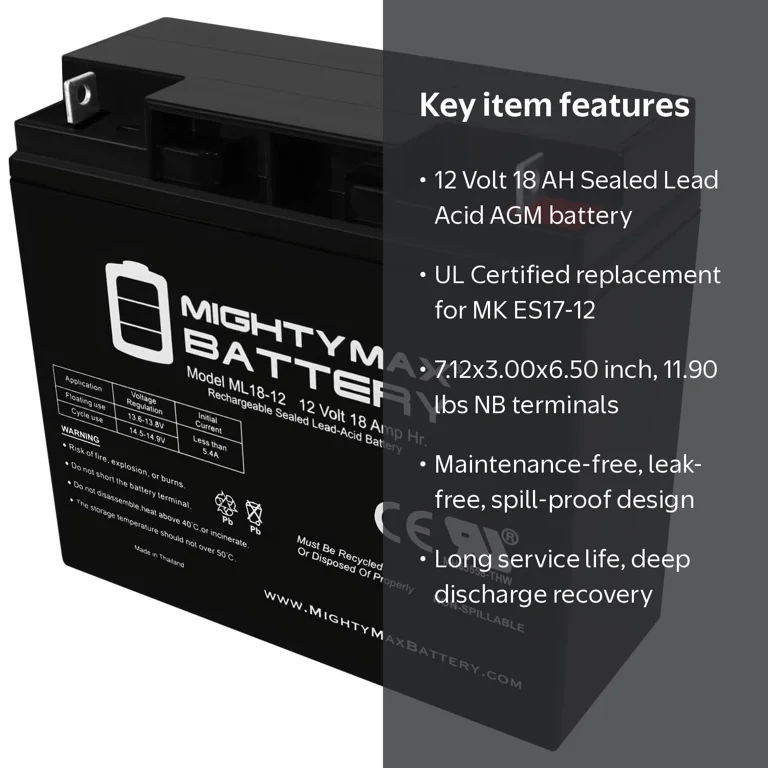 12V 18AH SLA Replacement Battery for MK ES17-12, ES 17-12