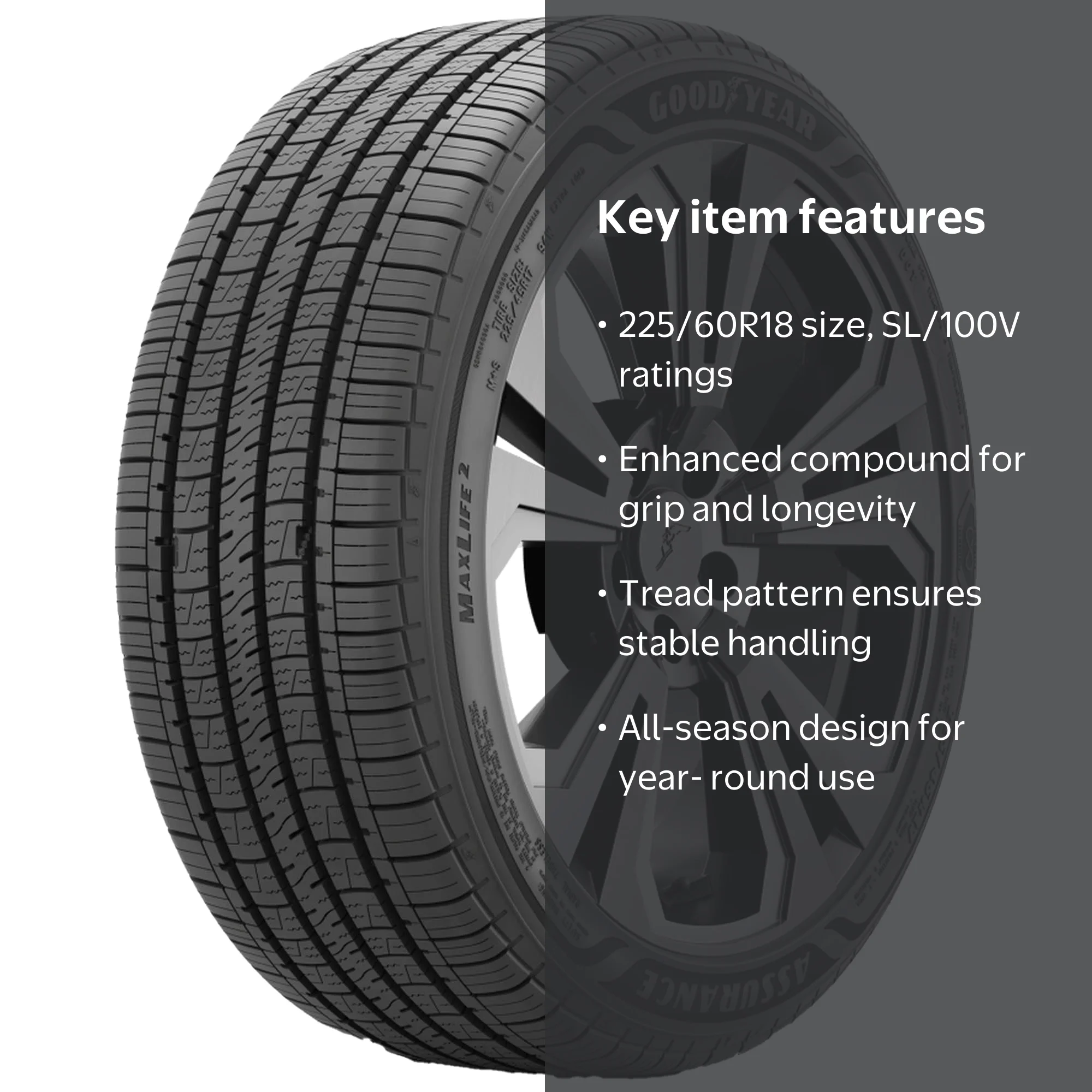 Goodyear, Passenger Tire, 225/60R18 100V, All-Season Grip